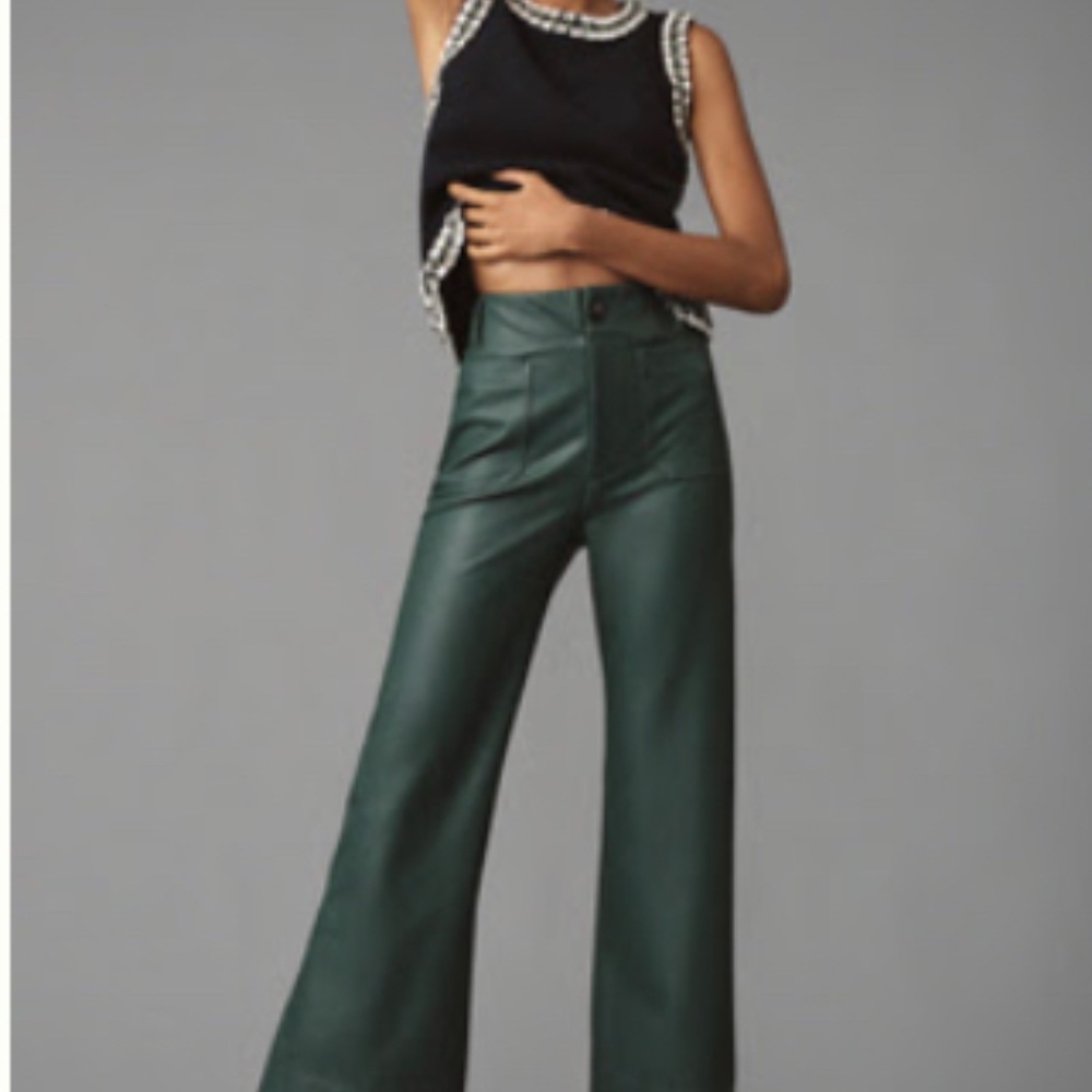Anthropologie COLETTE CROPPED WIDE-LEG PANT: FAUX-LEATHER in Green Size 27